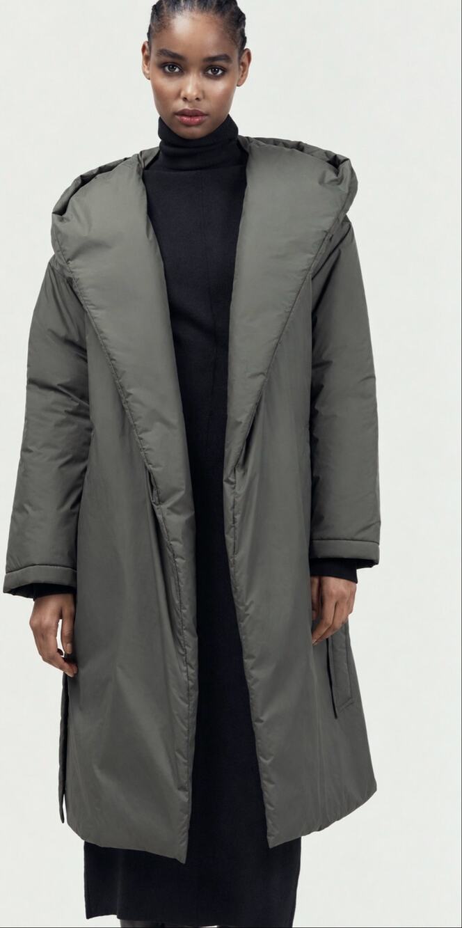 Zara Oversized Hooded Padded Longline Coat in Olive Green Pockets Size Small
